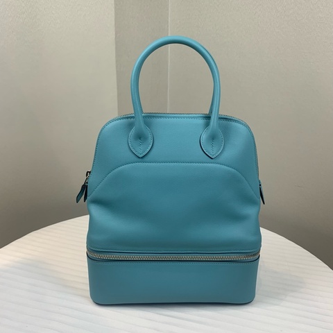 愛馬仕/Hermes Bolide Secret Swift皮革銀扣藍色手提包 24x10x27cm