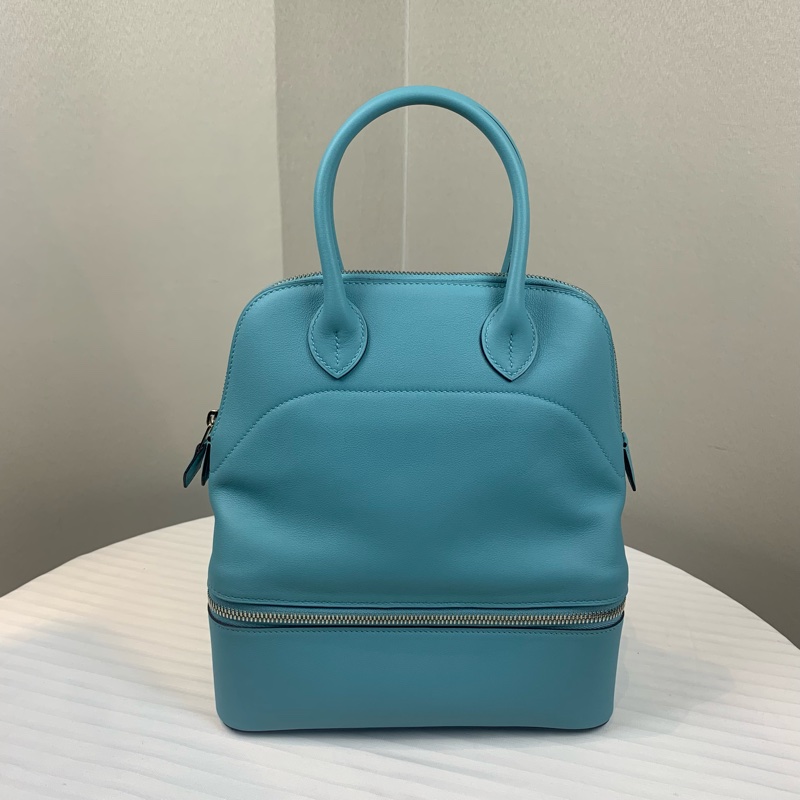 99新 愛馬仕/Hermes Bolide Secret Swift皮革銀扣藍色手提包 24x10x27cm-10