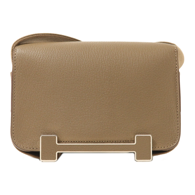 HERMES Chevre皮革Geta銀扣肩背袋Etoupe-1