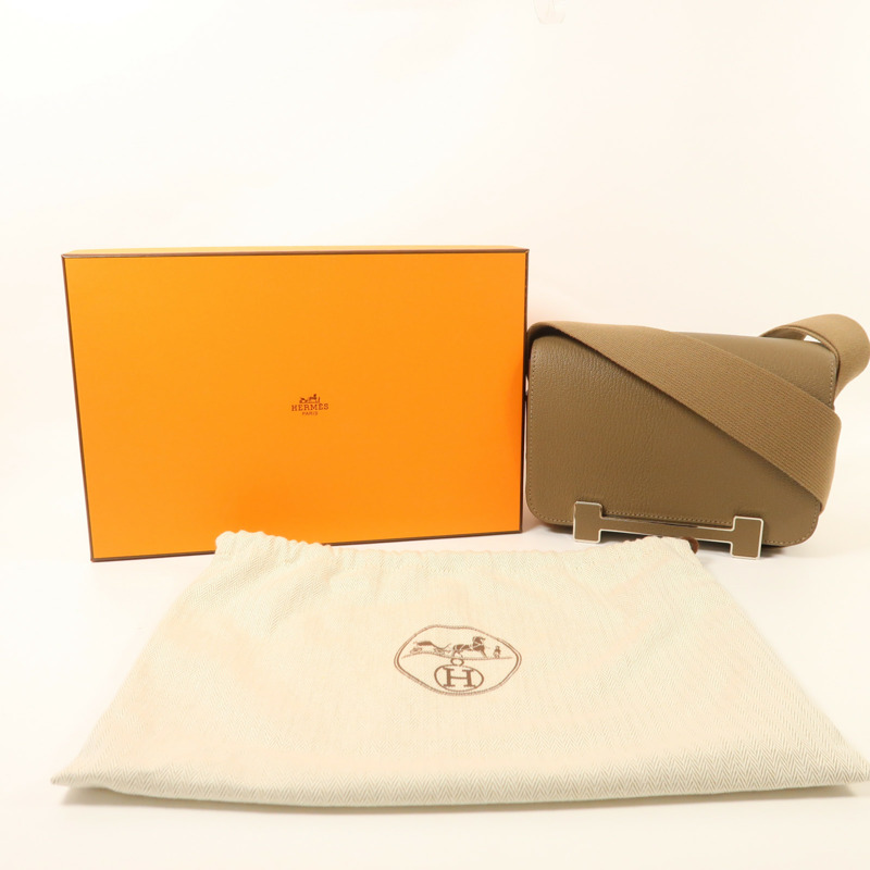 HERMES Chevre皮革Geta銀扣肩背袋Etoupe-8