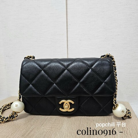 [平台最甜❣️新年甜價出回饋🧧] Chanel 黑羊皮霧金釦CF20珍珠下蓋肩斜背包