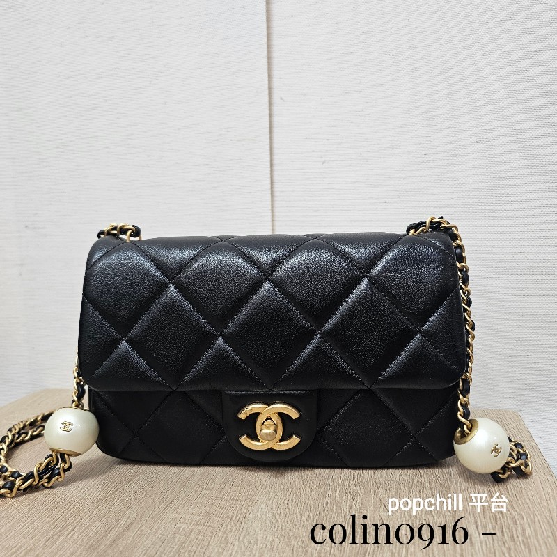 [平台最甜❣️新年甜價出回饋🧧] Chanel 黑羊皮霧金釦CF20珍珠下蓋肩斜背包-0