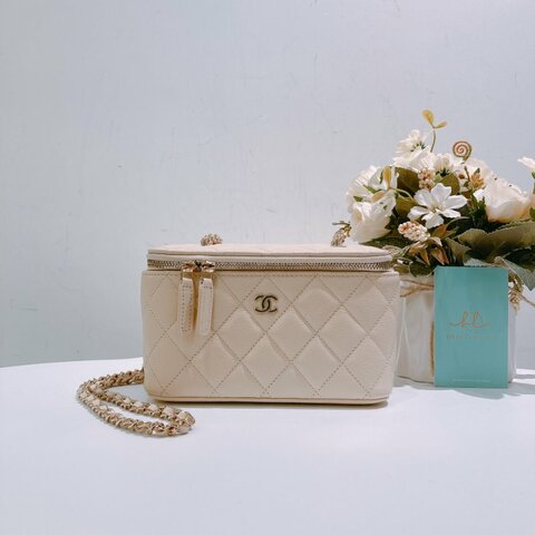 TW4695 Chanel 香奈兒 長盒子 有鏡子款 米白色 荔枝皮Vanity Box With Chain Caviar Beige x GHW
