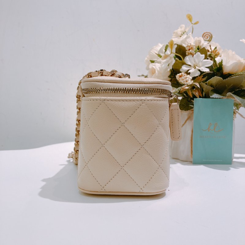 TW4695 Chanel 香奈兒 長盒子 有鏡子款 米白色 荔枝皮Vanity Box With Chain Caviar Beige x GHW-3