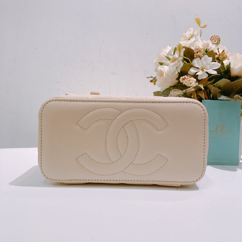 TW4695 Chanel 香奈兒 長盒子 有鏡子款 米白色 荔枝皮Vanity Box With Chain Caviar Beige x GHW-4