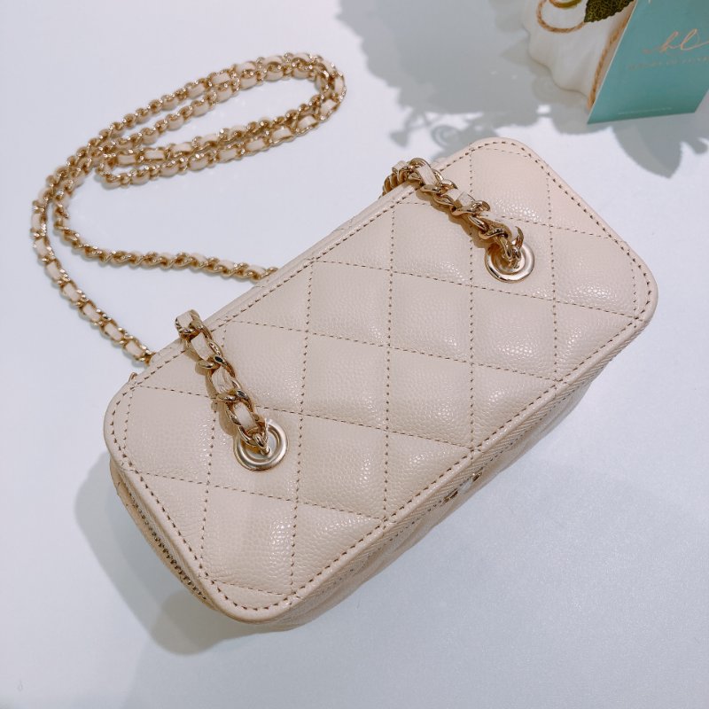 TW4695 Chanel 香奈兒 長盒子 有鏡子款 米白色 荔枝皮Vanity Box With Chain Caviar Beige x GHW-9