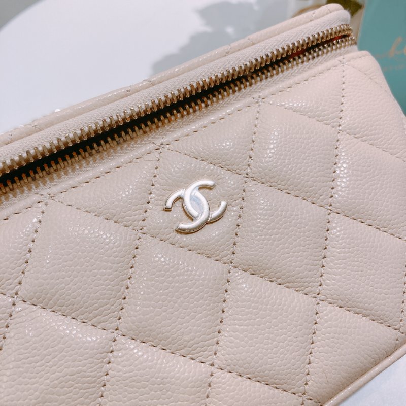 TW4695 Chanel 香奈兒 長盒子 有鏡子款 米白色 荔枝皮Vanity Box With Chain Caviar Beige x GHW-10