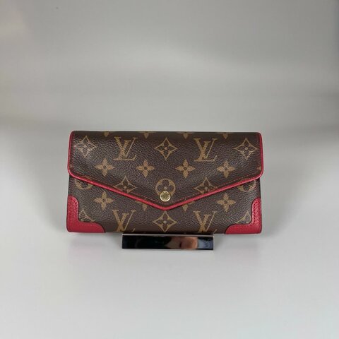 LV M61184 老花拚紅皮革掀蓋長夾