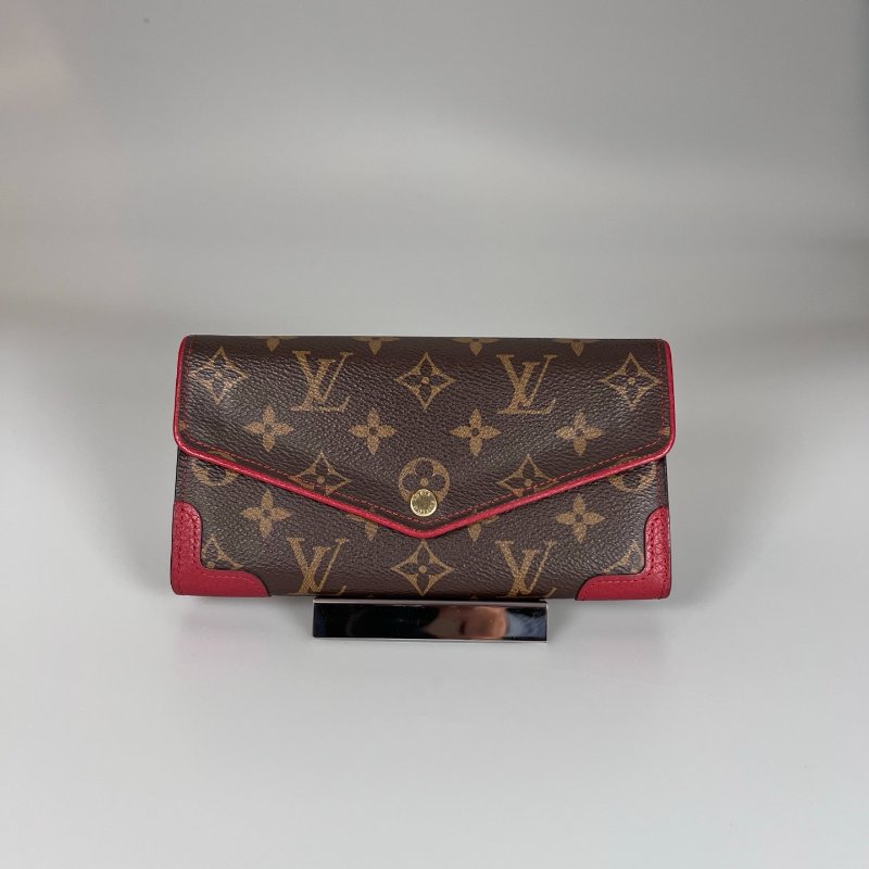 LV M61184 老花拚紅皮革掀蓋長夾-0