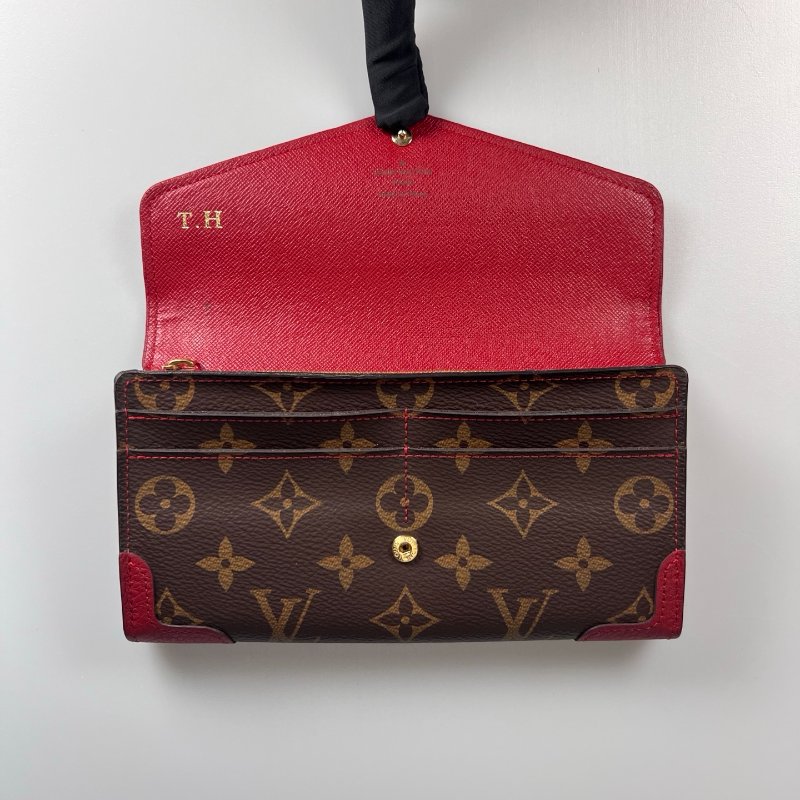 LV M61184 老花拚紅皮革掀蓋長夾-5