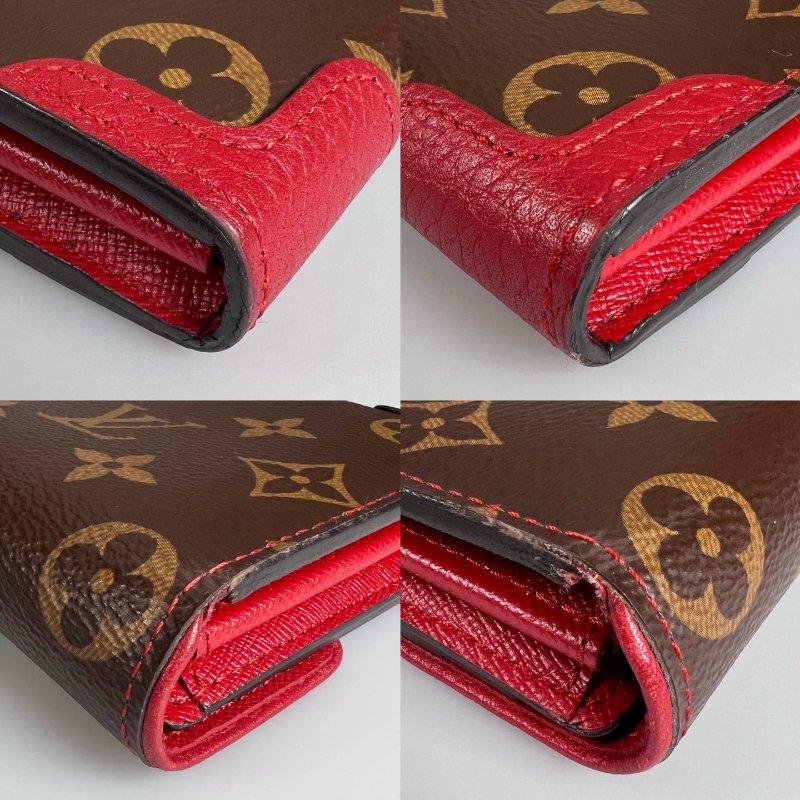 LV M61184 老花拚紅皮革掀蓋長夾-14