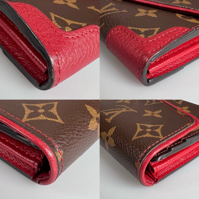 LV M61184 老花拚紅皮革掀蓋長夾-15