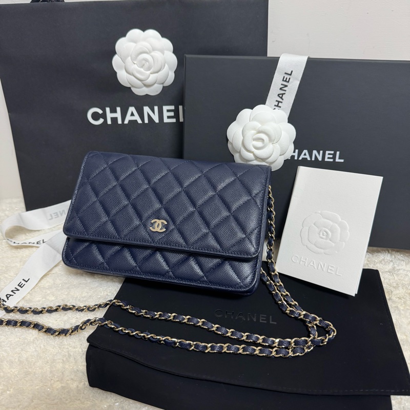 全配-Chanel 香奈兒經典/入門款 WOC 耐用荔枝皮-深藍+金扣-0