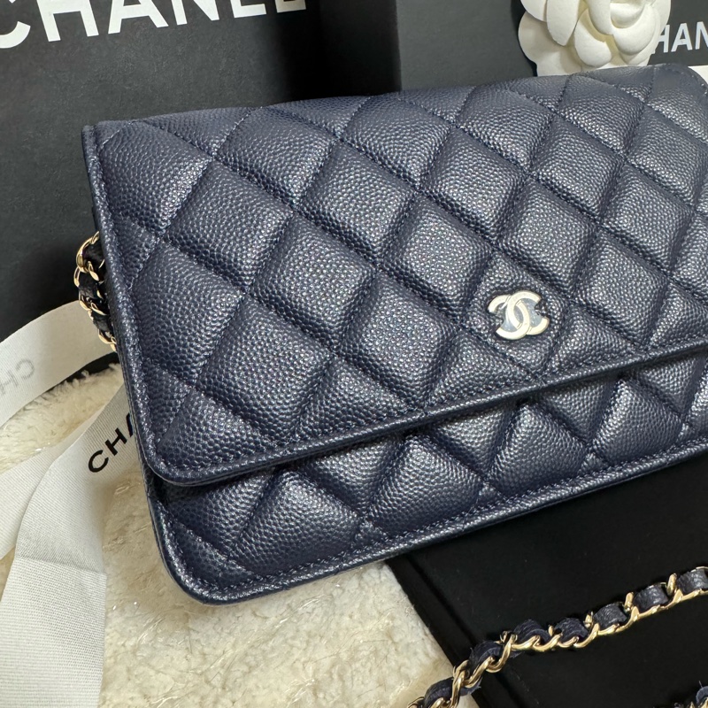 全配-Chanel 香奈兒經典/入門款 WOC 耐用荔枝皮-深藍+金扣-3