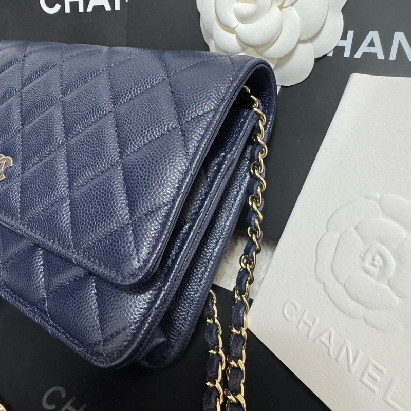 全配-Chanel 香奈兒經典/入門款 WOC 耐用荔枝皮-深藍+金扣-4
