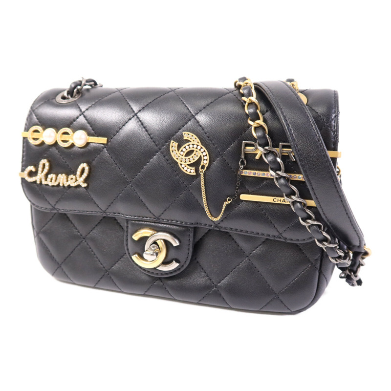 CHANEL 羊皮皮革Pearl Hairpin Badge鏈帶肩背袋-2