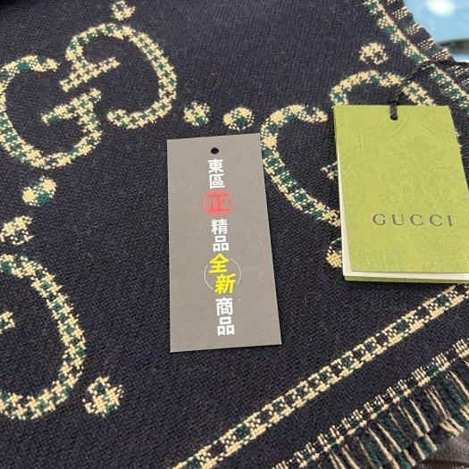 東區正精品㊣GUCCI 660025 1066 全新黑色拼綠色卡其格紋雙面 GG LOGO 流蘇羊毛圍巾 RZ6194-1
