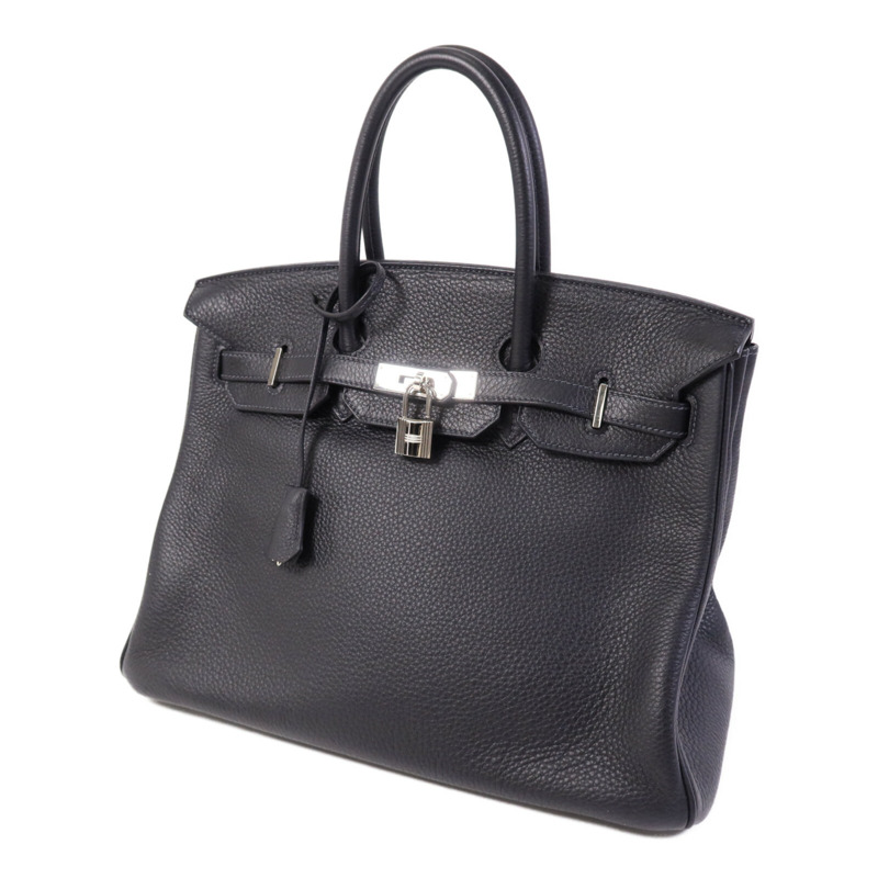 HERMES Clemence皮革Birkin 35銀扣手挽袋Noir/Blue Indigo-2