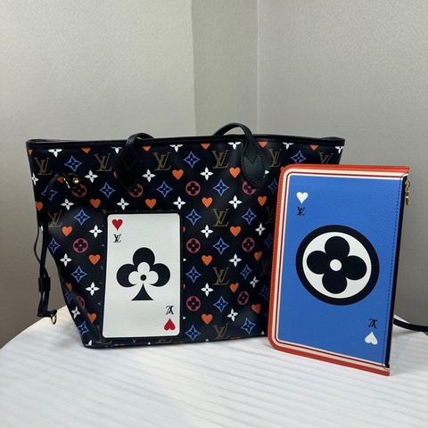 路易威登/Louis Vuitton Neverfull MM Game On 撲克牌系列中號黑色老花 31x14x28cm
