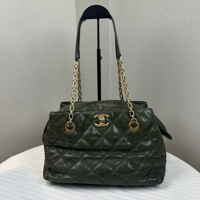 香奈兒/Chanel Retro Chain Tote 金扣菱格紋綠色牛皮單肩包 30x16x19cm-0