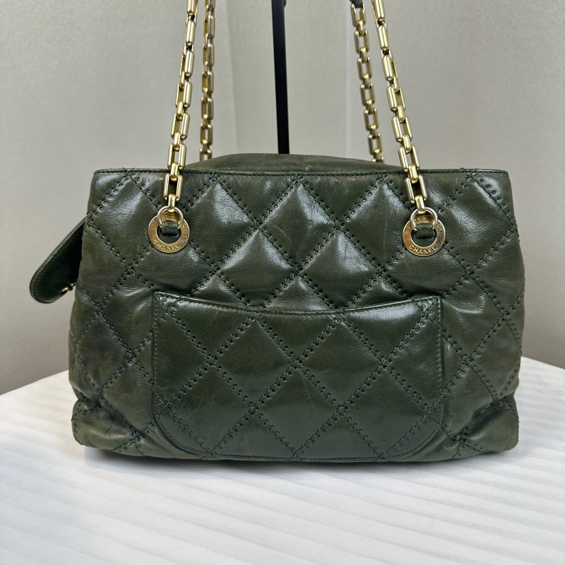 香奈兒/Chanel Retro Chain Tote 金扣菱格紋綠色牛皮單肩包 30x16x19cm-1