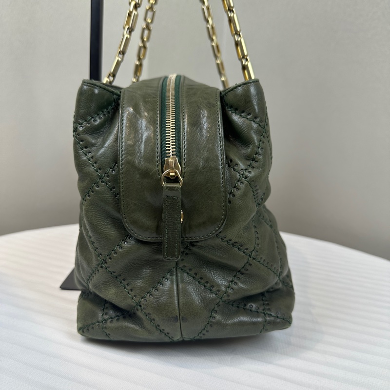 香奈兒/Chanel Retro Chain Tote 金扣菱格紋綠色牛皮單肩包 30x16x19cm-2