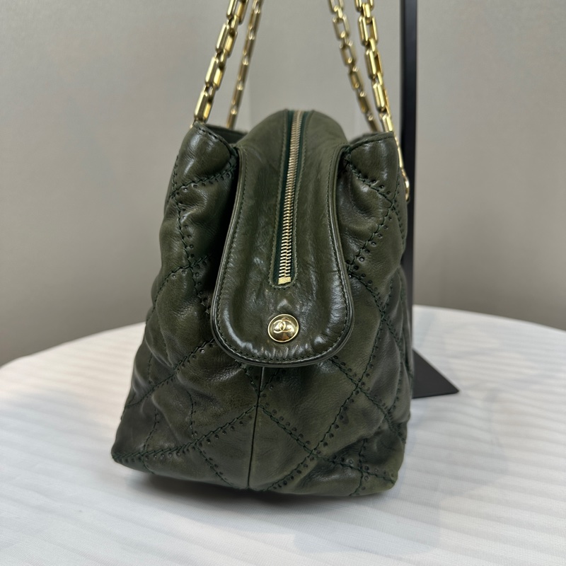 香奈兒/Chanel Retro Chain Tote 金扣菱格紋綠色牛皮單肩包 30x16x19cm-3