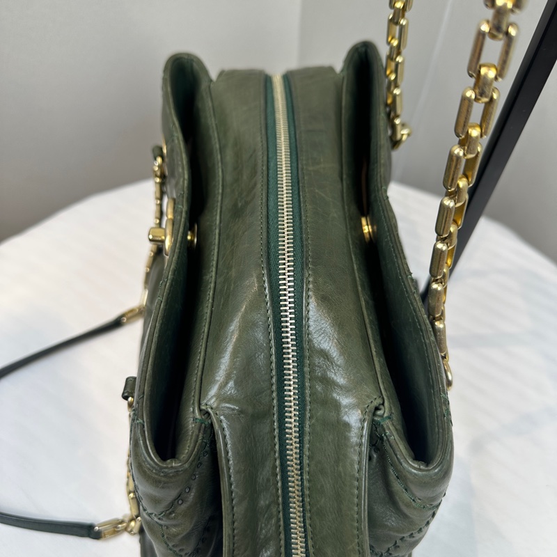 香奈兒/Chanel Retro Chain Tote 金扣菱格紋綠色牛皮單肩包 30x16x19cm-5