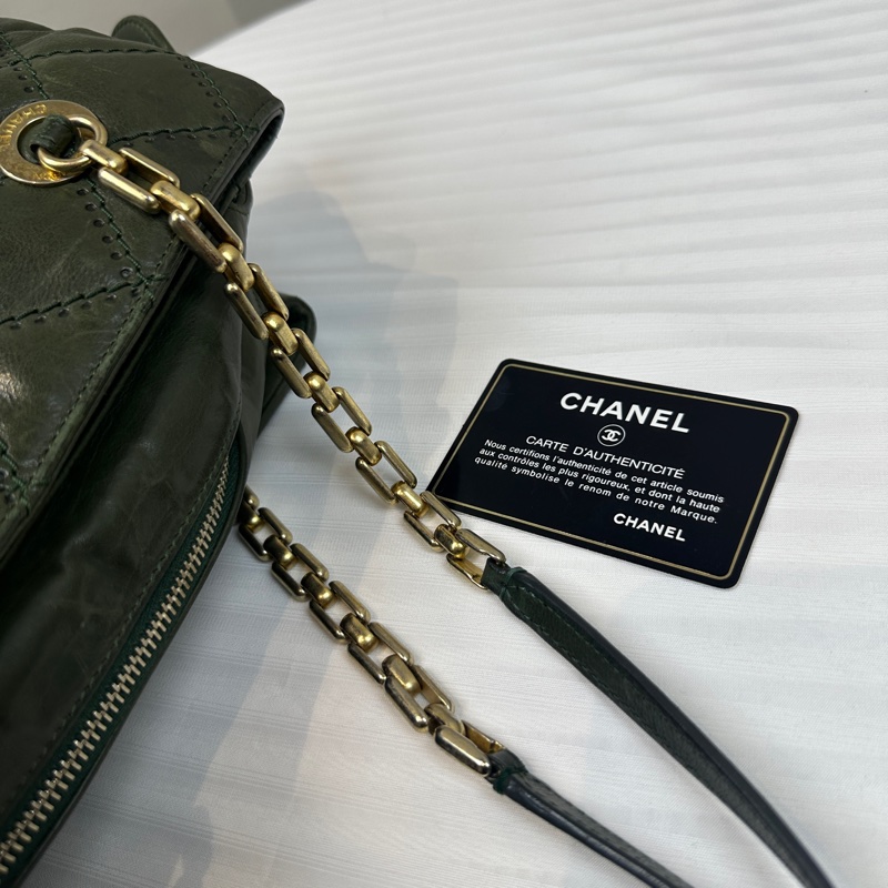 香奈兒/Chanel Retro Chain Tote 金扣菱格紋綠色牛皮單肩包 30x16x19cm-8