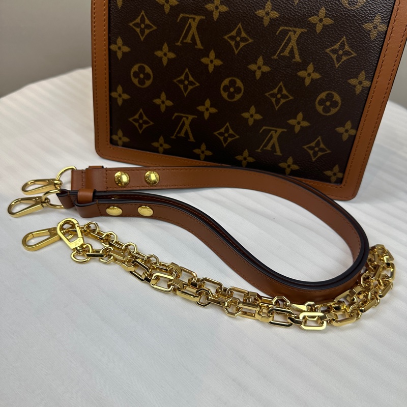 路易威登/Louis Vuitton Dauphine 金扣棕色雙色老花達芙妮中號 鏈條皮革肩帶 25x10.5x17cm-6