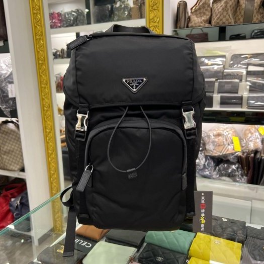 東區正精品㊣PRADA 2VZ135 全新黑色尼龍銀三角牌束口前口袋拉鍊口袋大後背包 RZ5833-0
