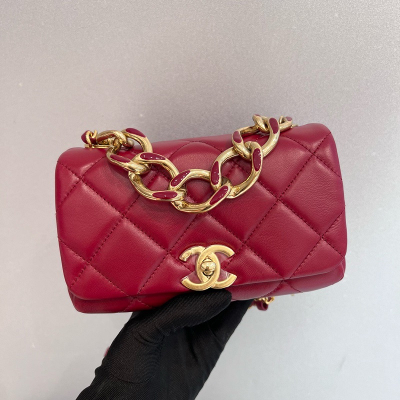 Chanel 22A酒紅粗鏈條風琴包-1