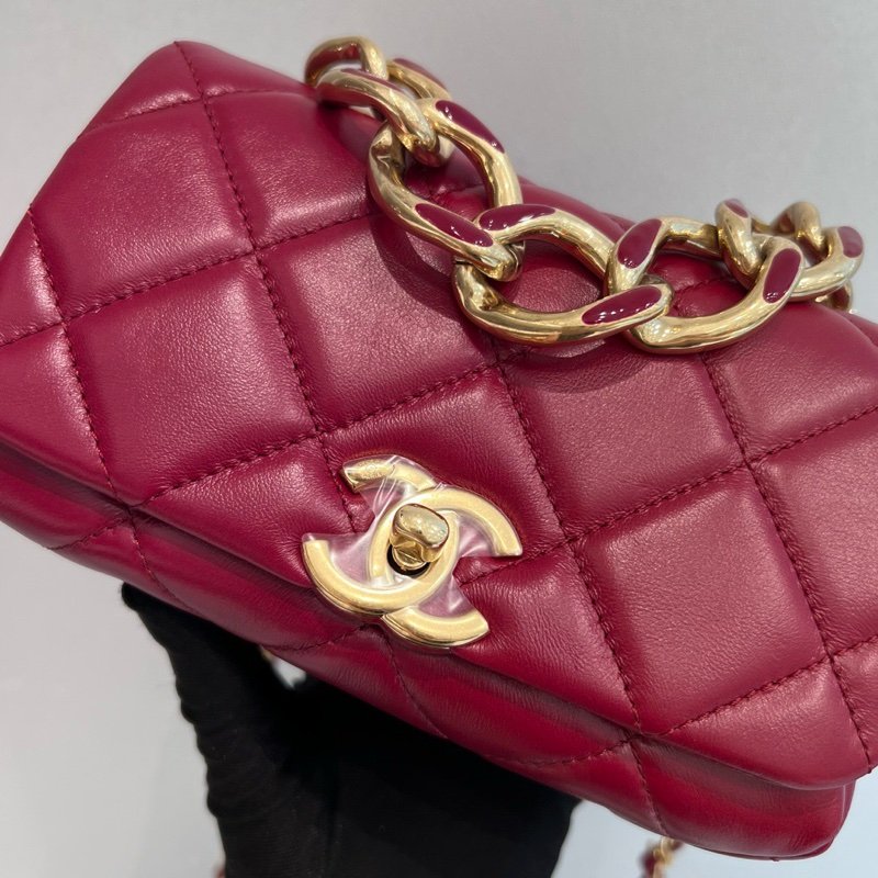 Chanel 22A酒紅粗鏈條風琴包-4