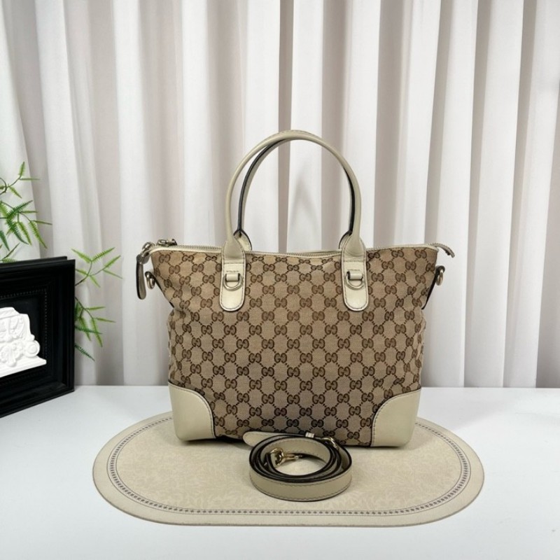 Gucci古馳 白色竹節掛墜手提斜挎單肩包 經典雙G印花圖案 愛心金屬環扣設計 配有可調節肩帶 包身帆布材質 米白色皮質拼接-6