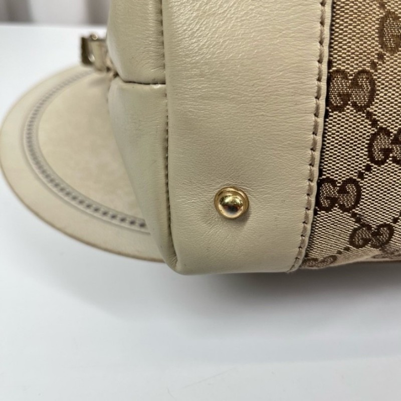 Gucci古馳 白色竹節掛墜手提斜挎單肩包 經典雙G印花圖案 愛心金屬環扣設計 配有可調節肩帶 包身帆布材質 米白色皮質拼接-12