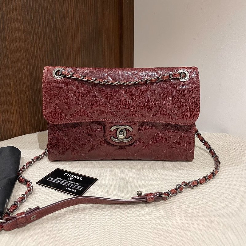 Chanel香奈兒 荔枝皮牛皮復古銀扣焦糖色 單蓋CF 孟買單肩斜挎包-0