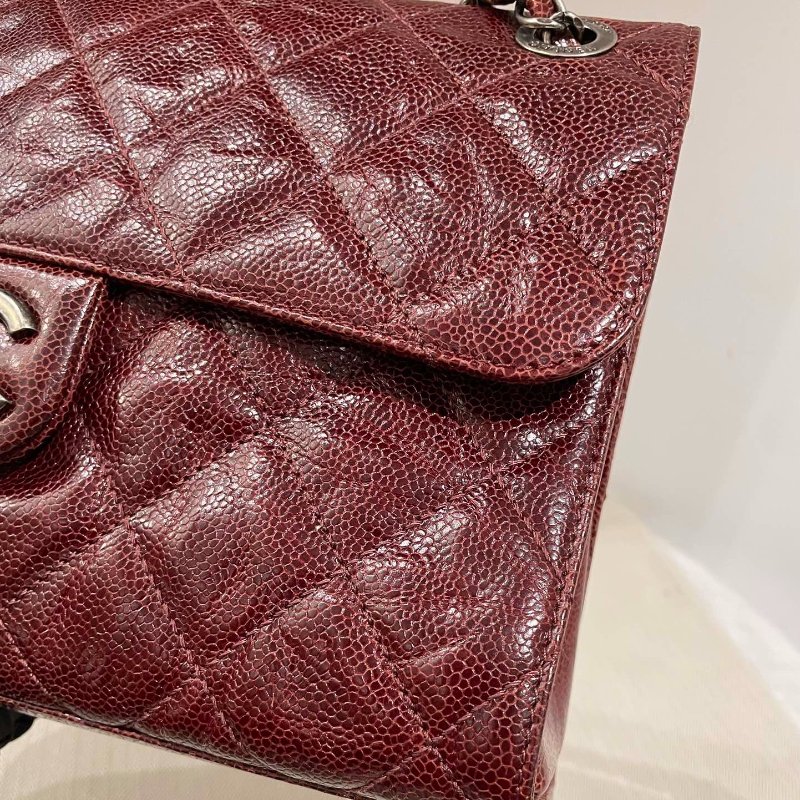 Chanel香奈兒 荔枝皮牛皮復古銀扣焦糖色 單蓋CF 孟買單肩斜挎包-4