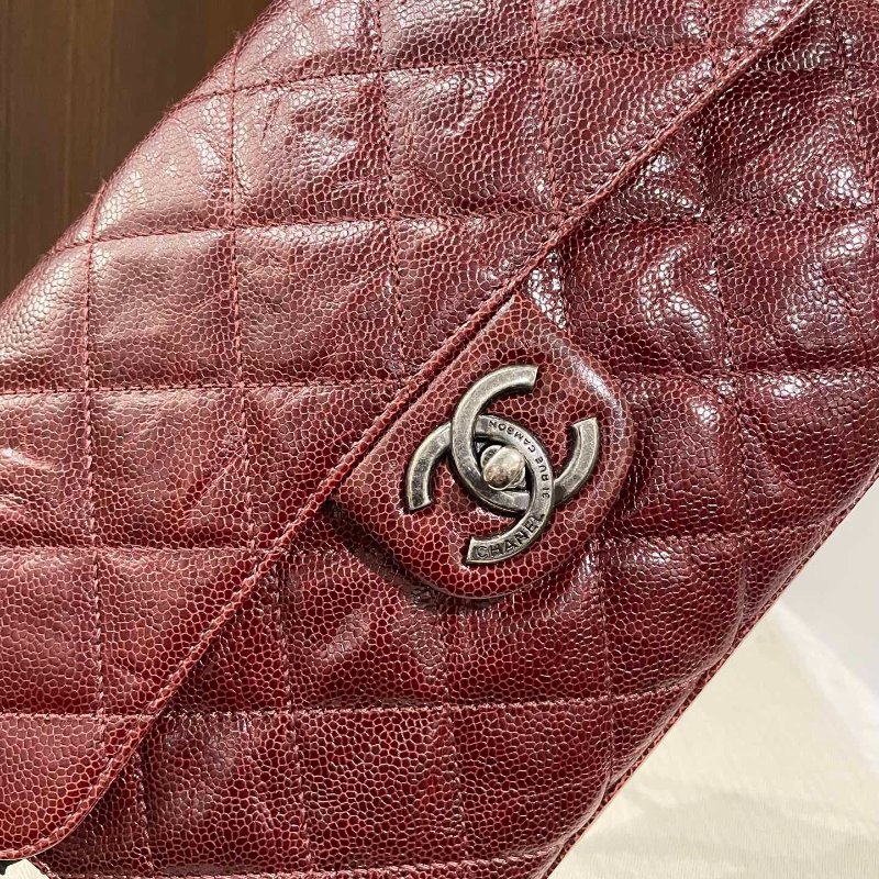 Chanel香奈兒 荔枝皮牛皮復古銀扣焦糖色 單蓋CF 孟買單肩斜挎包-5