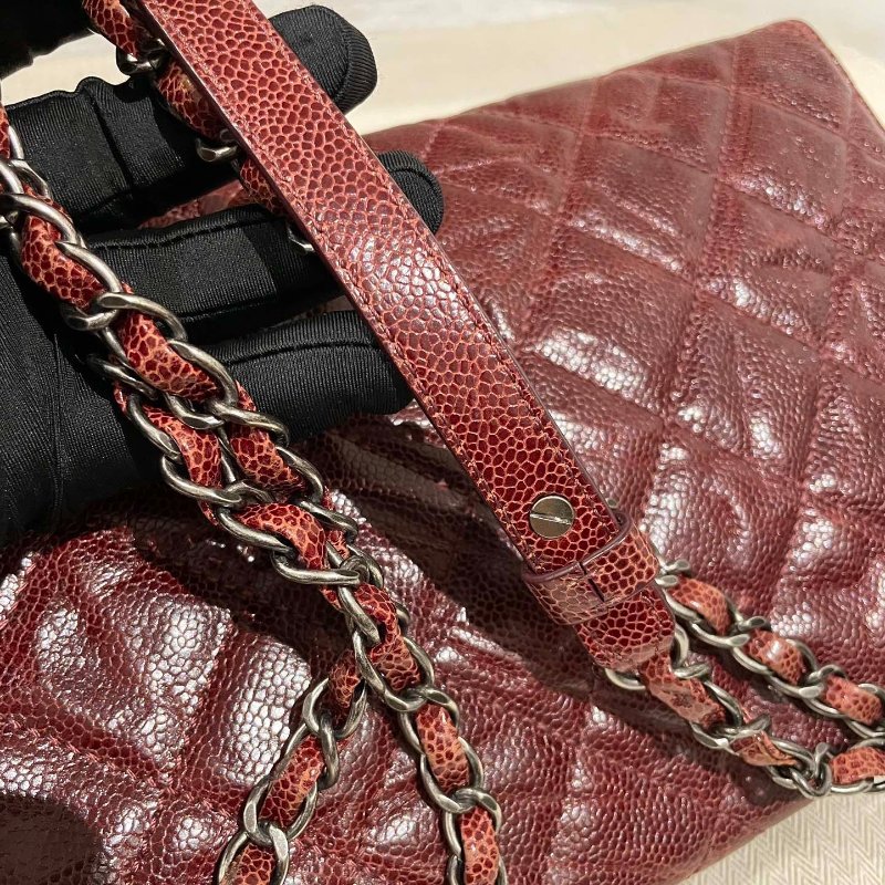 Chanel香奈兒 荔枝皮牛皮復古銀扣焦糖色 單蓋CF 孟買單肩斜挎包-8