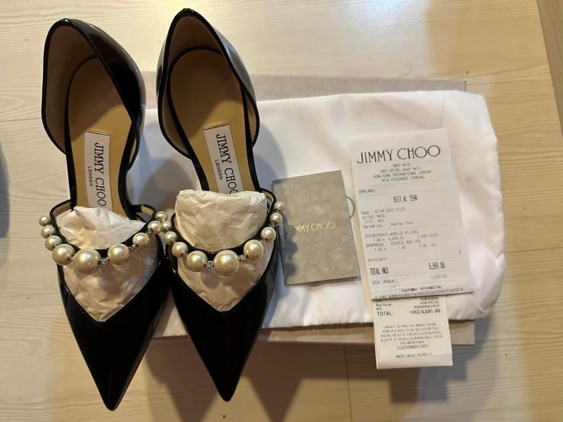 全新JIMMY CHOO珍珠裝飾黑色漆皮高跟鞋35.5-0