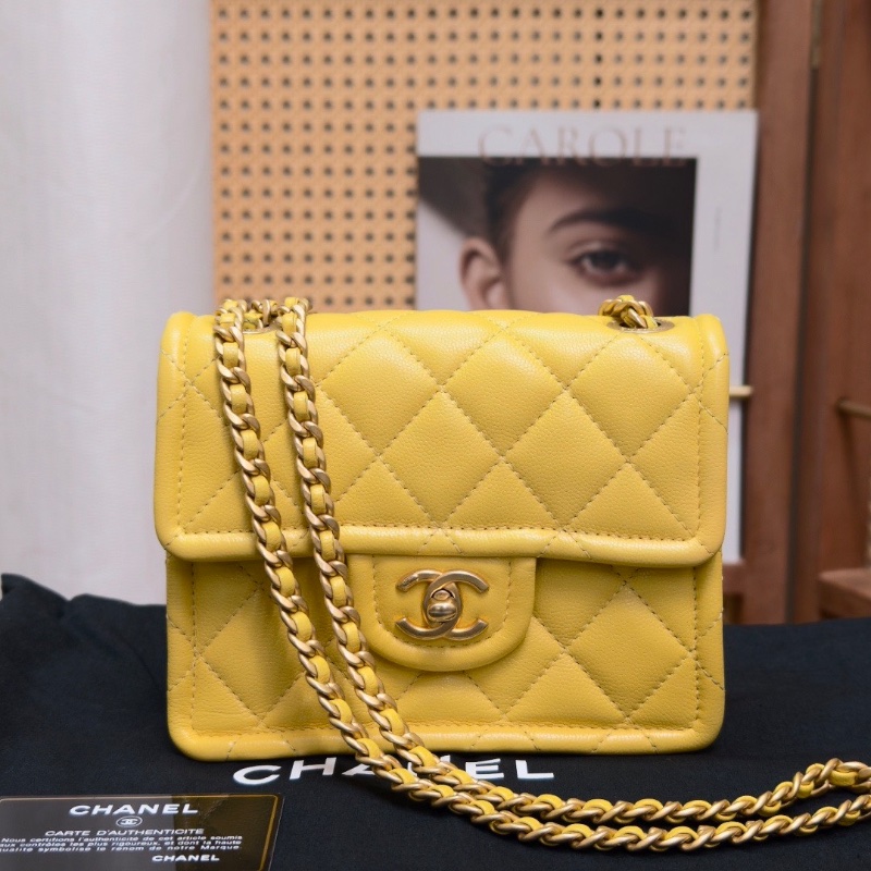 CHANEL 黃色金扣 荔枝牛皮豆腐斜背包18*14*6 98新配件塵袋保卡-1