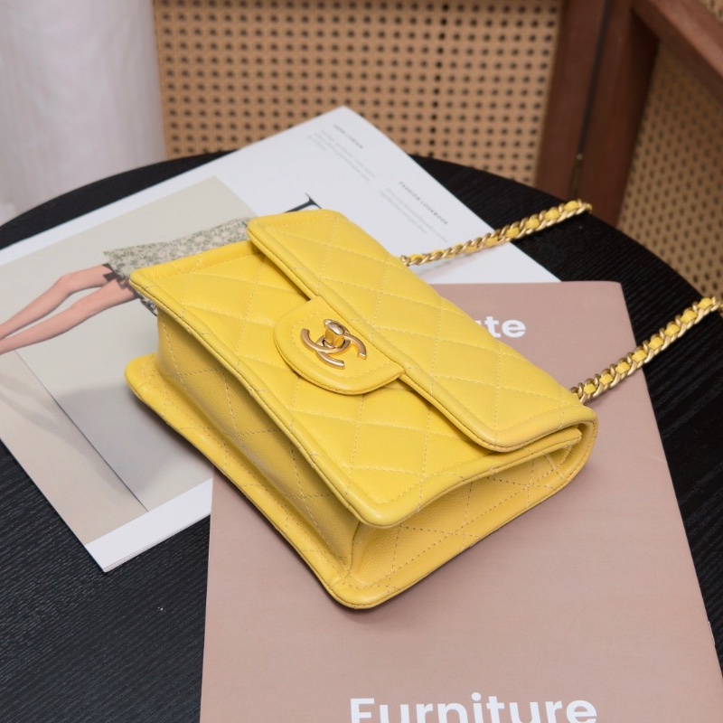 CHANEL 黃色金扣 荔枝牛皮豆腐斜背包18*14*6 98新配件塵袋保卡-3