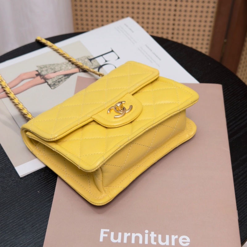 CHANEL 黃色金扣 荔枝牛皮豆腐斜背包18*14*6 98新配件塵袋保卡-5