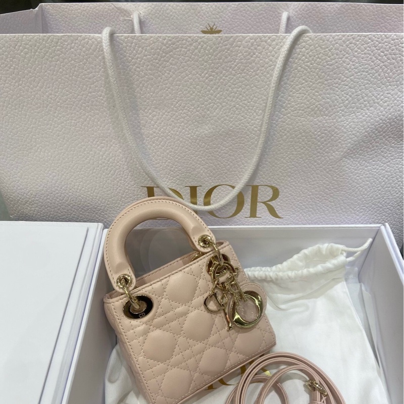 DIOR 超mini粉色黛妃手提肩背斜背包12*11*4 98新配件塵袋盒子-0