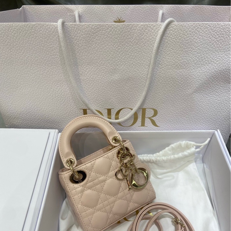 DIOR 超mini粉色黛妃手提肩背斜背包12*11*4 98新配件塵袋盒子-1