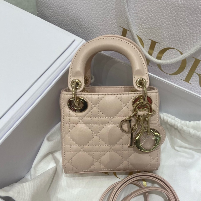 DIOR 超mini粉色黛妃手提肩背斜背包12*11*4 98新配件塵袋盒子-2