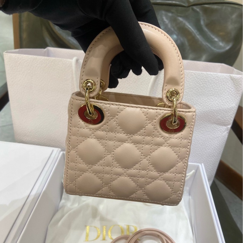 DIOR 超mini粉色黛妃手提肩背斜背包12*11*4 98新配件塵袋盒子-3