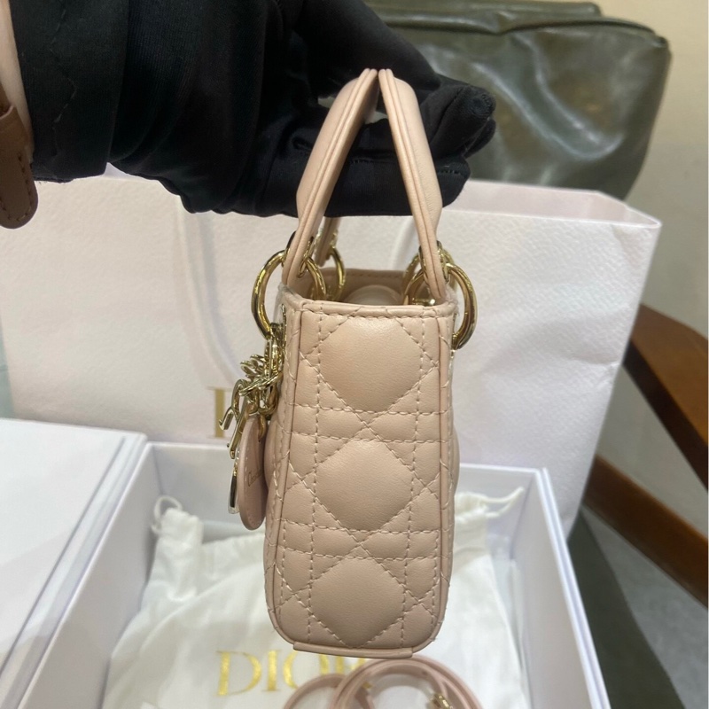 DIOR 超mini粉色黛妃手提肩背斜背包12*11*4 98新配件塵袋盒子-5