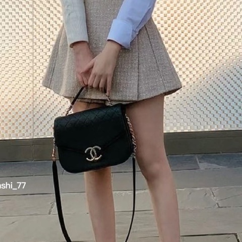 CHANEL黑金荔枝牛皮古巴系列編織郵差肩背斜背鏈條包 21*15*7 98新配件塵袋