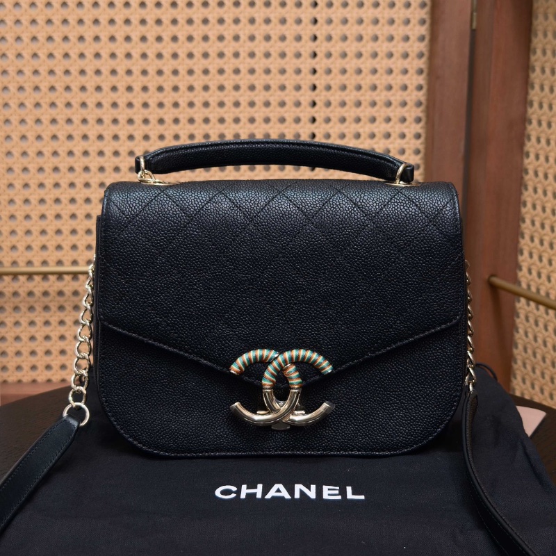 CHANEL黑金荔枝牛皮古巴系列編織郵差肩背斜背鏈條包 21*15*7 98新配件塵袋-1